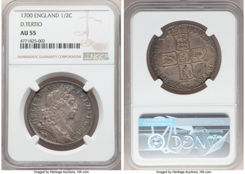 William III 1/2 Crown 1700 AU55 NGC, KM492.2, S-3494. D. TERTIO edge. Gun-metal ...