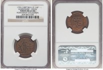 Dorsetshire. Poole copper 1/2 Penny Token 1795 MS63 Brown NGC, D&H-10. JAs / BAYLY / DRAPER / POOLE Hope standing facing, resting hand on shield and s...