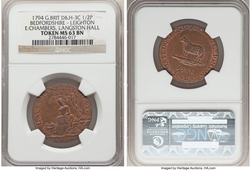 Bedfordshire. Leighton copper 1/2 Penny Token 1794 MS63 Brown NGC, D&H-3c. LACE ...