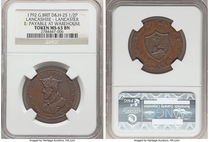 Lancashire. Lancaster copper 1/2 Penny Token 1792 MS63 Brown NGC, D&H-25. JOHN O...