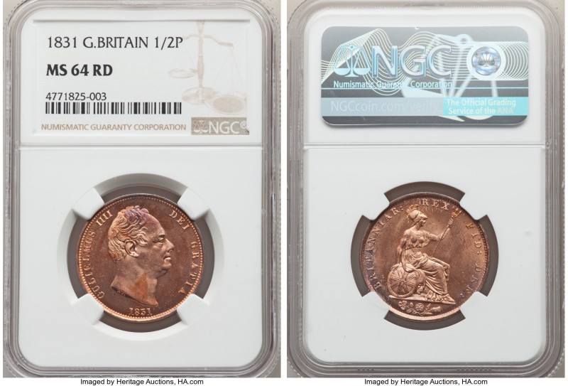 William IV 1/2 Penny 1831 MS64 Red NGC, KM706, S-3847. Reflective fields with ar...