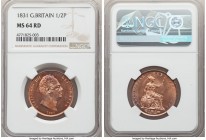 William IV 1/2 Penny 1831 MS64 Red NGC, KM706, S-3847. Reflective fields with area's of cobalt and violet toning. 

HID09801242017

© 2020 Heritag...