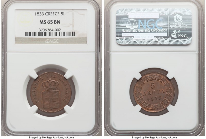 Othon 5 Lepta 1833 MS65 Brown NGC, KM16. 

HID09801242017

© 2020 Heritage A...