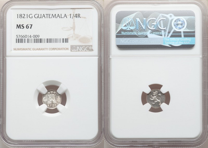 Ferdinand VII 1/4 Real 1821-G MS67 NGC, Nueva Guatemala mint, KM72. Fully struck...