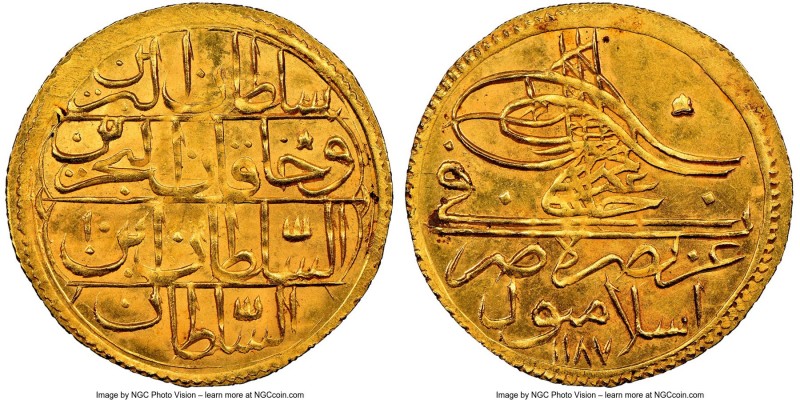 Ottoman Empire. Abdul Hamid I gold Zeri Mahbub AH 1187 Year 10 (1784/1785) MS64 ...