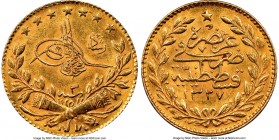 Ottoman Empire. Mehmed V gold 25 Kurush AH 1327 Year 3 (1911/1912) MS63 NGC, Constantinople mint (in Turkey), KM752. AGW 0.0532 oz. 

HID09801242017...