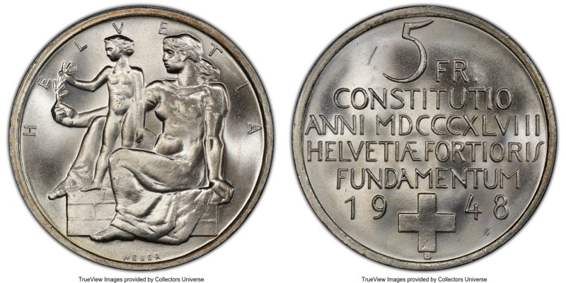 Confederation 5 Francs 1948-B MS66 PCGS, Bern mint, KM48. Commemorates the Swiss...