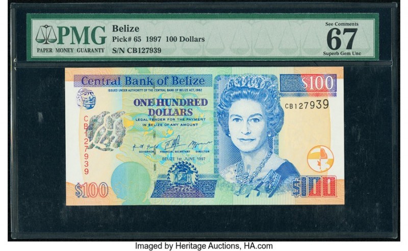 Belize Central Bank 100 Dollars 1.6.1997 Pick 65 PMG Superb Gem Unc 67 EPQ. 

HI...