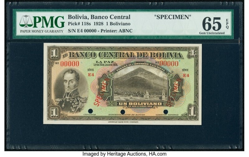 Bolivia Banco Central 1 Boliviano 20.7.1928 Pick 118s Specimen PMG Gem Uncircula...
