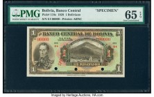Bolivia Banco Central 1 Boliviano 20.7.1928 Pick 118s Specimen PMG Gem Uncirculated 65 EPQ. Red Specimen overprints; three POCs,

HID09801242017

© 20...