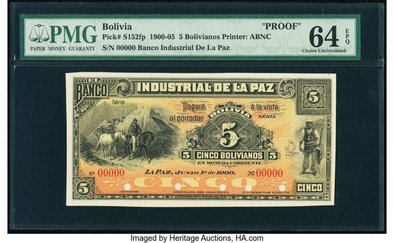 Bolivia Banco Industrial de La Paz 5 Bolivianos 1.6.1900 Pick S152fp Proof PMG C...
