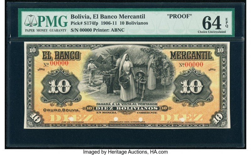 Bolivia Banco Mercantil 10 Bolivianos 1906-11 Pick S174fp Proof PMG Choice Uncir...