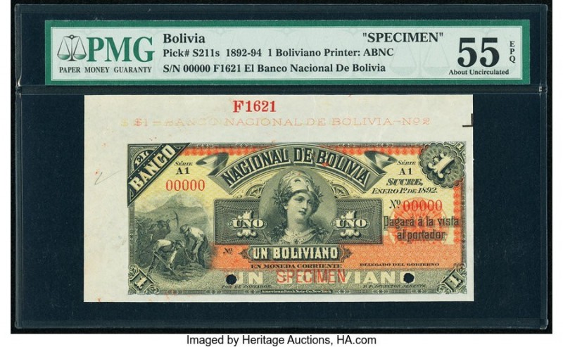 Bolivia Banco Nacional de Bolivia 1 Boliviano 1.1.1892 Pick S211s Specimen PMG A...
