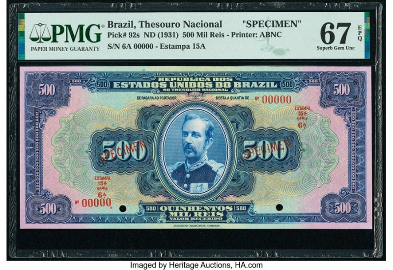 Brazil Thesouro Nacional 500 Mil Reis ND (1931) Pick 92s Specimen PMG Superb Gem...
