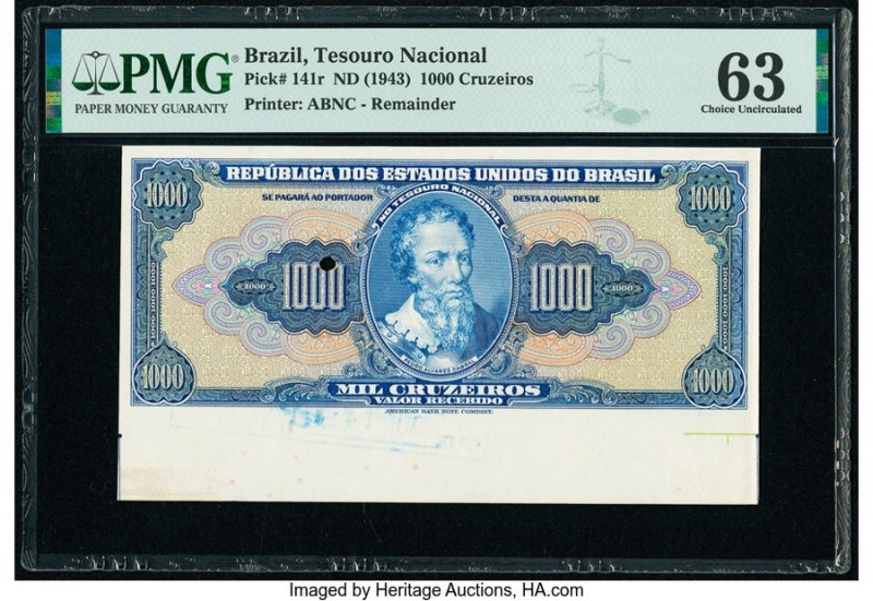 Brazil Tesouro Nacional 1000 Cruzeiros ND (1943) Pick 141r Remainder PMG Choice ...