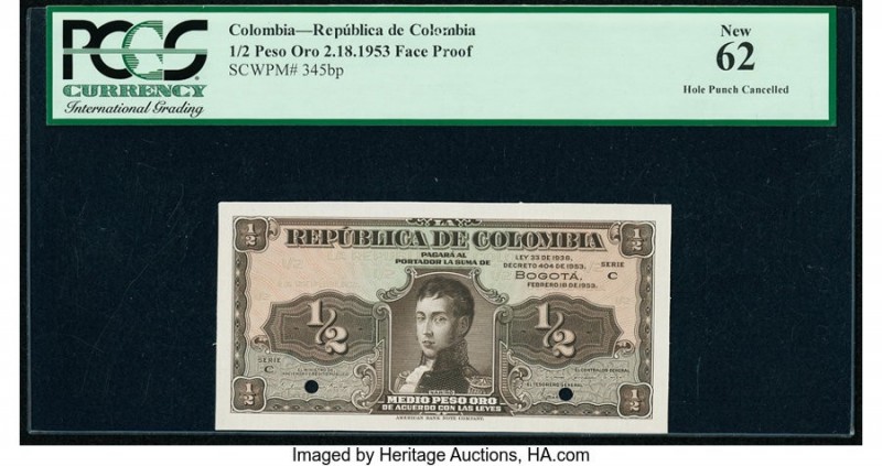 Colombia Banco de la Republica 1/2 Peso Oro 2.18.1953 Pick 345bp Front Proof PCG...