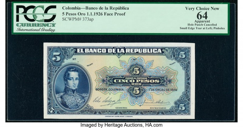 Colombia Banco de la Republica 5 Pesos Oro 1.1.1926 Pick 373ap Front Proof PCGS ...