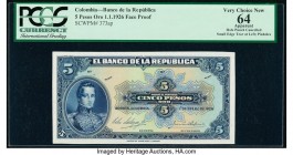 Colombia Banco de la Republica 5 Pesos Oro 1.1.1926 Pick 373ap Front Proof PCGS Very Choice New Apparent 64. Partial POCs; small edge tear at left; pi...