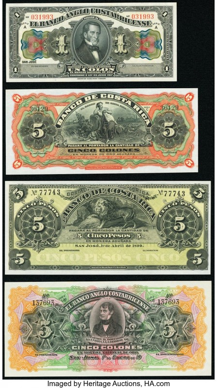 Costa Rica Group Lot of 7 Examples Extremely Fine-Crisp uncirculated. Pinholes i...