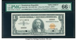 Dominican Republic Banco Central de la Republica Dominicana 1 Peso Oro ND (1947-54) Pick 60s Specimen PMG Gem Uncirculated 66 EPQ. Black Specimen over...