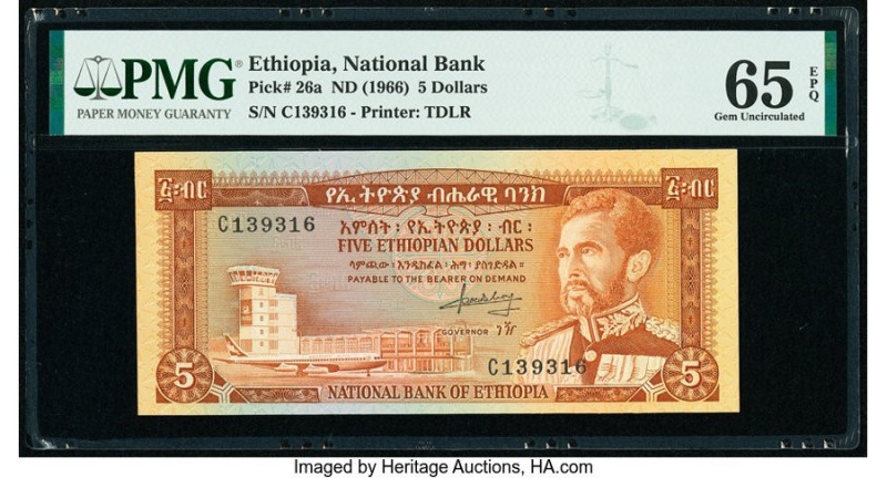 Ethiopia National Bank 5 Dollars ND (1966) Pick 26a PMG Gem Uncirculated 65 EPQ....