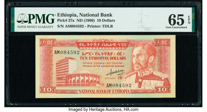 Ethiopia National Bank 10 Dollars ND (1966) Pick 27a PMG Gem Uncirculated 65 EPQ...