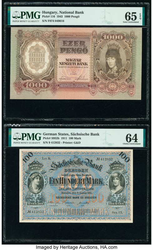 Hungary; German States Hungarian National Bank; Sachsische Bank 1000 Pengo; 100 ...