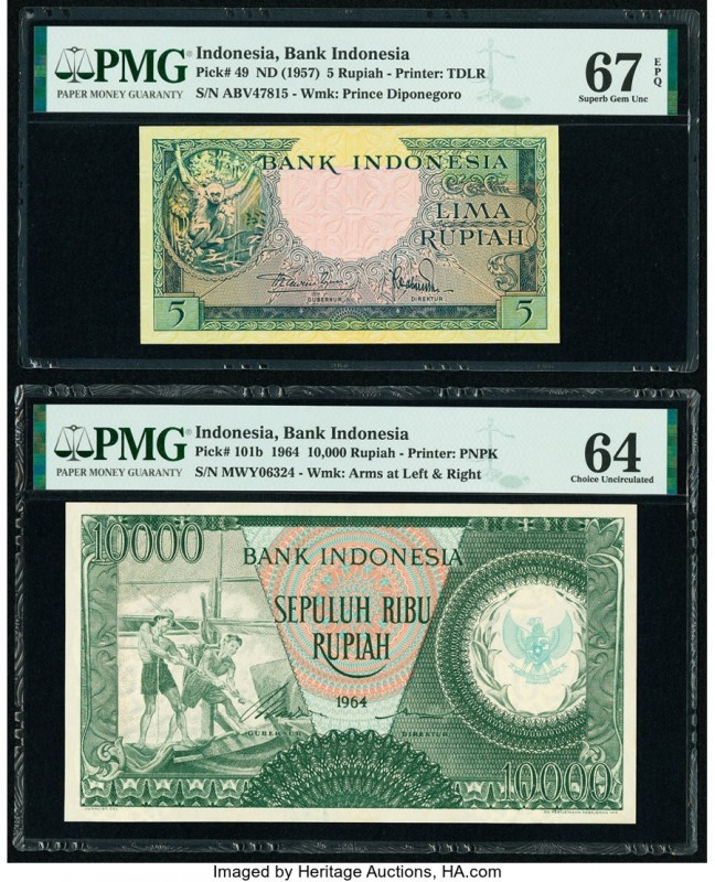 Indonesia Bank Indonesia 5; 10,000 Rupiah ND (1957); 1964 Pick 49; 101b Two Exam...