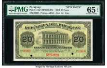 Paraguay Republica del Paraguay 20 Pesos 14.7.1903 Pick 110s2 Specimen PMG Gem Uncirculated 65 EPQ. Two POCs; printer's stamp; annotations; red Specim...