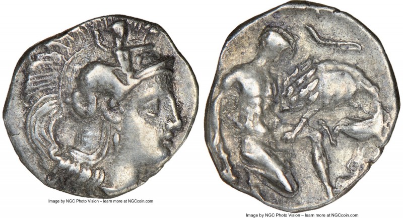 CALABRIA. Tarentum. Ca. 4th-3rd centuries BC. AR diobol (11mm, 4h). NGC XF. Head...