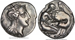 CALABRIA. Tarentum. Ca. 4th-3rd centuries BC. AR diobol (11mm, 10h). NGC XF. Head of Athena right, wearing crested Attic helmet decorated with figure ...