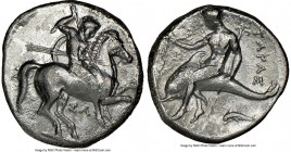 CALABRIA. Tarentum. Ca. 332-302 BC. AR didrachm (21mm, 11h). NGC VF. Sa- magistrate. Helmeted cavalryman on horseback right, thrusting with spear held...