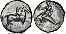CALABRIA. Tarentum. Ca. 302-280 BC. AR stater or didrachm (20mm, 6h). NGC VF, scratches. Arethon, Sy- and Kas, magistrates. Nude youth on horseback ri...