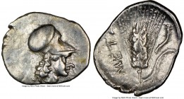 LUCANIA. Metapontum. Ca. 325-275 BC. AR diobol (13mm, 8h). NGC Choice VF. Head of Athena right, wearing Corinthian helmet pushed back on head / META, ...