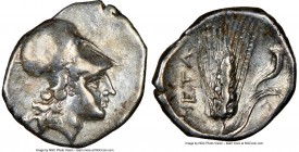 LUCANIA. Metapontum. Ca. 325-275 BC. AR diobol (12mm, 3h). NGC VF, brushed. Head of Athena right, wearing Corinthian helmet pushed back on head / META...