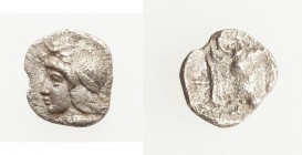 LUCANIA. Sybaris. Ca. 446-440 BC. AR trihemiobol (8mm, 0.34 gm, 5h). VF, porosity. Head of Athena left, wearing laureate Attic helmet / Σ-Y, head of b...