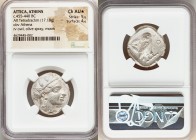 ATTICA. Athens. Ca. 455-440 BC. AR tetradrachm (25mm, 17.18 gm, 5h). NGC Choice AU S 5/5 - 4/5. Early transitional issue. Head of Athena right, wearin...