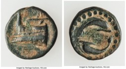 MEGARIS. Megara. Ca. 350-275 BC. AE (15mm, 2.39 gm, 6h). VF. Prow left surmounted by tripod / MEΓ, two dolphins swimming clockwise around ethnic. BMC ...