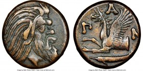 CIMMERIAN BOSPORUS. Panticapaeum. 4th century BC. AE (21mm, 11h). NGC VF. Head of bearded Pan right / Π-A-N, forepart of griffin left, sturgeon left b...