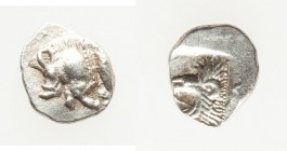MYSIA. Cyzicus. Ca. 5th century BC. AR hemiobol (8mm, 0.42 gm, 6h). XF. Forepart of boar left with pelleted truncation; tunny fish upward behind / Hea...