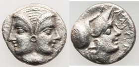 MYSIA. Lampsacus. Ca. 4th-3rd centuries BC. AR diobol (11mm, 1.06 gm). Choice VF. Janiform female head adorned with bands in hair and common embossed ...