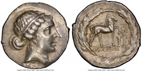 AEOLIS. Cyme. Ca. mid-2nd century BC. AR tetradrachm (29mm, 16.53 gm, 12h). NGC AU 4/5 - 3/5, brushed. Olympius, magistrate. Head of the Amazon Cyme r...