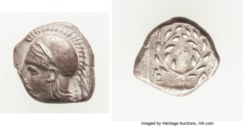 AEOLIS. Elaea. Ca. 450-400 BC. AR diobol (10mm, 1.29 gm, 11h). XF. Head of Athen...