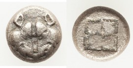 LESBOS. Uncertain mint. Ca. 500-450 BC. AR hemiobol (9mm, 1.20 gm). Choice Fine. Two boar heads confronted, forming the optical illusion of a single f...
