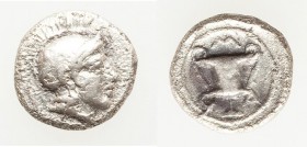 LESBOS. Methymna. Ca. 450/40-406/379 BC. AR hemiobol (8mm, 0.49 gm, 8h). Fine. Head of Athena right, wearing crested Attic helmet, the bowl decorated ...