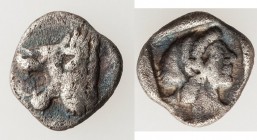 CARIA. Cnidus. Ca. 530-500 BC. AR trihemiobol or obol (10mm, 0.85 gm, 3h). Fine. Head of roaring male lion left with pelleted truncation / Head of Aph...