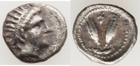 CARIAN ISLANDS. Rhodes. Ca. 275-250 BC. AR trihemiobol (11mm, 0.92 gm, 11h). VF. Radiate head of Helios right / P-O, two rose buds; Phrygian helmet ab...