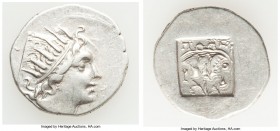 CARIAN ISLANDS. Rhodes. Ca. 88-84 BC. AR drachm (17mm, 2.63gm 12h). About XF. Plinthophoric standard, Maes, magistrate. Radiate head of Helios right /...