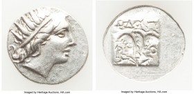 CARIAN ISLANDS. Rhodes. Ca. 88-84 BC. AR drachm (15mm, 2.12 gm 1h). XF. Plinthophoric standard, Philon, magistrate. Radiate head of Helios right / ΦIΛ...