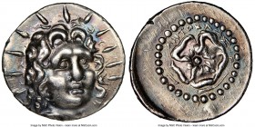 CARIAN ISLANDS. Rhodes. Ca. 84-30 BC. AR drachm (20mm, 4.07 gm, 7h). NGC AU 5/5 - 4/5. Critocles, magistrate. Radiate head of Helios facing, turned sl...